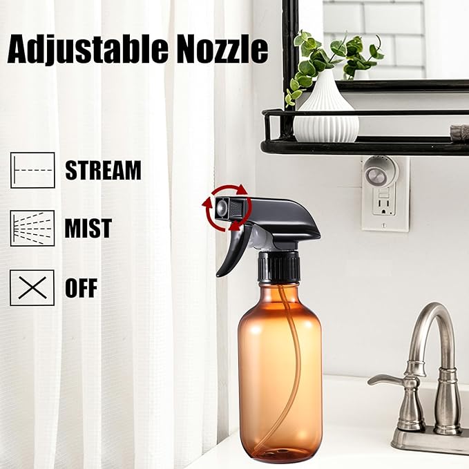 Plastic Small Spray Bottle, Mister Squirt Bottle 2 Pack, 10.1 oz Amber Refillable Empty Water Spray Bottles with Adjustable Mist/Stream for Hair, Plant, Pet, Cleaning, Cooking