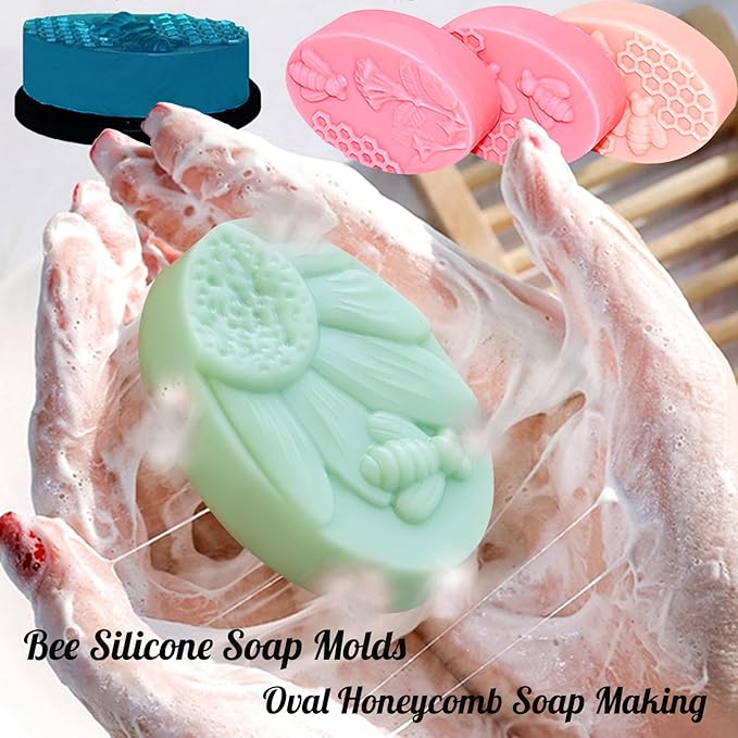 2PCS Oval Bee Silicone Soap Molds, 3D Honeycomb Shape Soap Molds, 6 Cavity Honeycomb Silicone Molds for Homemade Soaps, Beeswax, Resin, Bath Bomb, Cake, Chocolate, Bakeware (Purple)