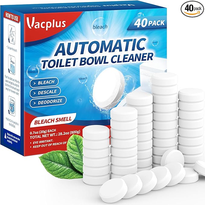 Vacplus Toilet Bowl Cleaner Tablets 40 PACK, Automatic Cleaners with Bleach, Slow-Releasing Toilet Tank Cleaners for Deodorizing & Descaling, Household Toilet Cleaners against Tough Stains