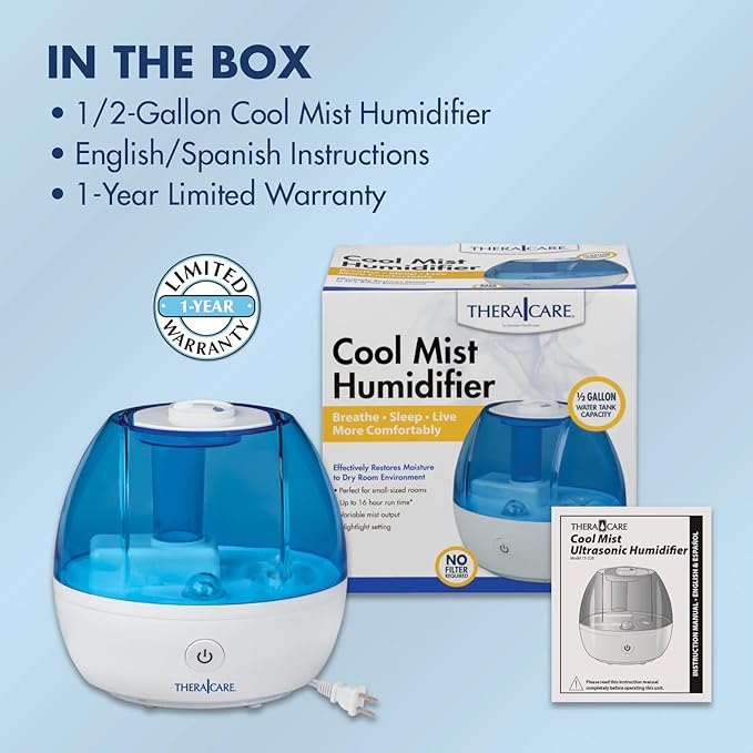 Thera|Care Cool Mist Ultrasonic Humidifier | For Medium Size Rooms | No Filter Required | 16 Hour Run Time