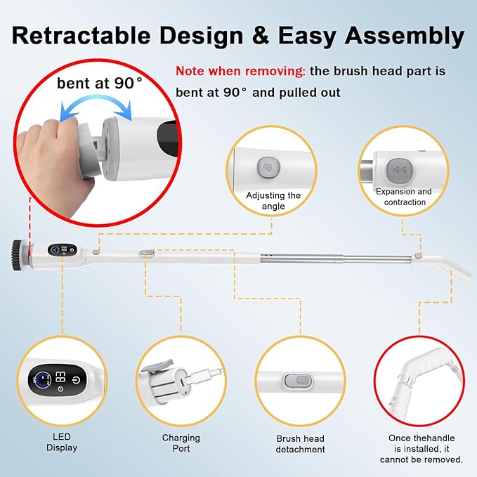 Electric Spin Scrubber, 2025 Upgraded Cordless Bathroom Scrubber, Aluminum Alloy Telescopic Handle, Shower Cleaner Brush with LED Display, 3 Speeds, 8 Brush Heads, IPX7 Bathtub Electric Cleaning Tool