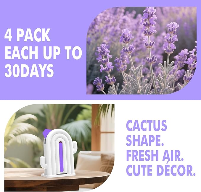 Air Freshener for Home, 2 Pack, 2 Refill, Lavender Scent, Odor Eliminator, Up to 120 Days, Cactus-shaped Freshener for Closet Bathroom, Cute Home Decor, White