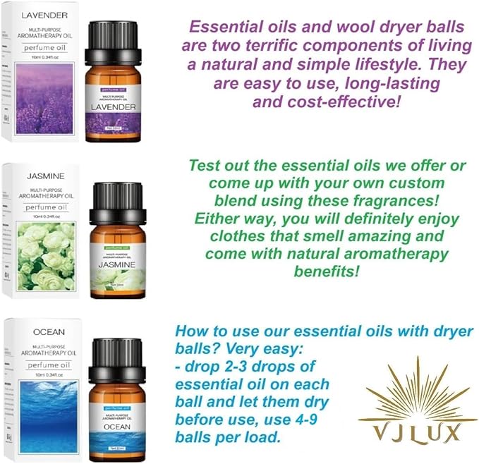 Wool Dryer Balls, Premium 9-Pack XL Natural Organic Dryer Balls, Eco-Friendly, Reusable, Chemical-Free Fabric Softener for Laundry with 3 Fragrance Oils