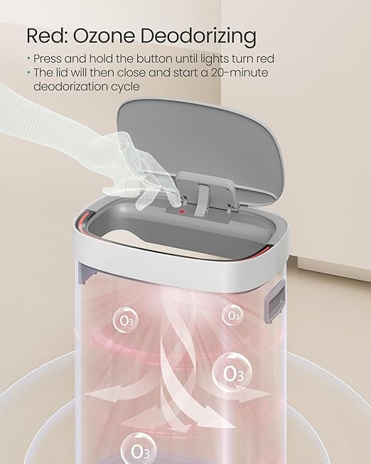 SONGMICS Kitchen Trash Can, 17.2-Gallon (65 L) Motion Sensor Garbage Can, Stainless Steel Trash Bin, Ozone Odor Control, Stay-Open, Cloud White ULTB660W01