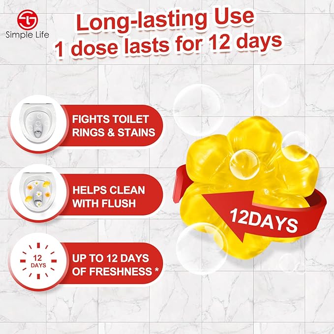Simple Life Toilet Bowl Cleaner Gel | Fresh Flower Toilet Gel Stamp | Stops Limescale and Stains with Air Freshening Scent | Deodorizing Clean | 32 Stamps, Blue & Yellow