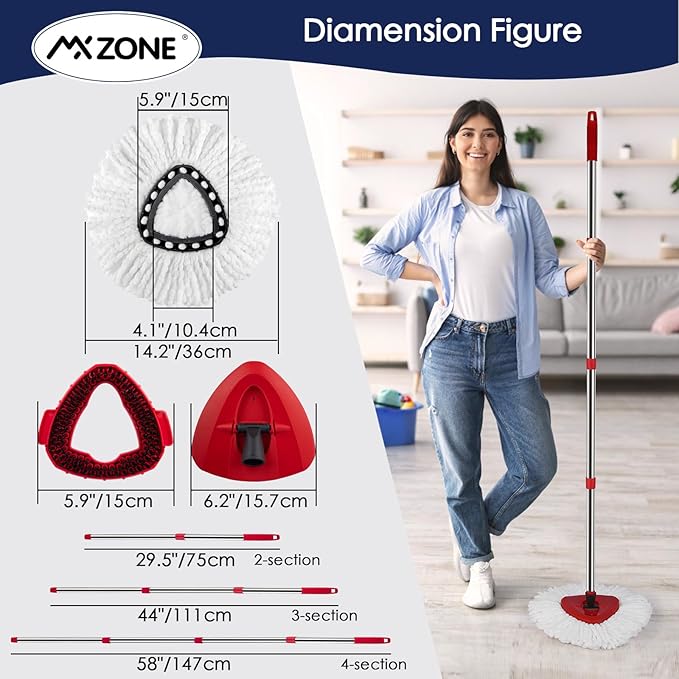 Spin Mop Head Replacement Base Handle Compatible with O Cedar EasyWring 1-Tank System, 4 Mop Replace Heads, 1 Mop Handle, 1 Mop Base and 1 Mop Base Scrub Brush Combo Set