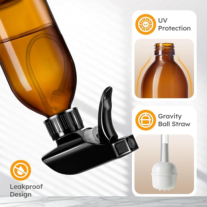 Tecohouse Amber Glass Spray Bottles 8oz, 2 Pack 360° Water Spray Bottle for Cleaning Upside Down Spray Bottles Mister Squirt Bottle with Adjustable Nozzle for Hair, Plant, Pet