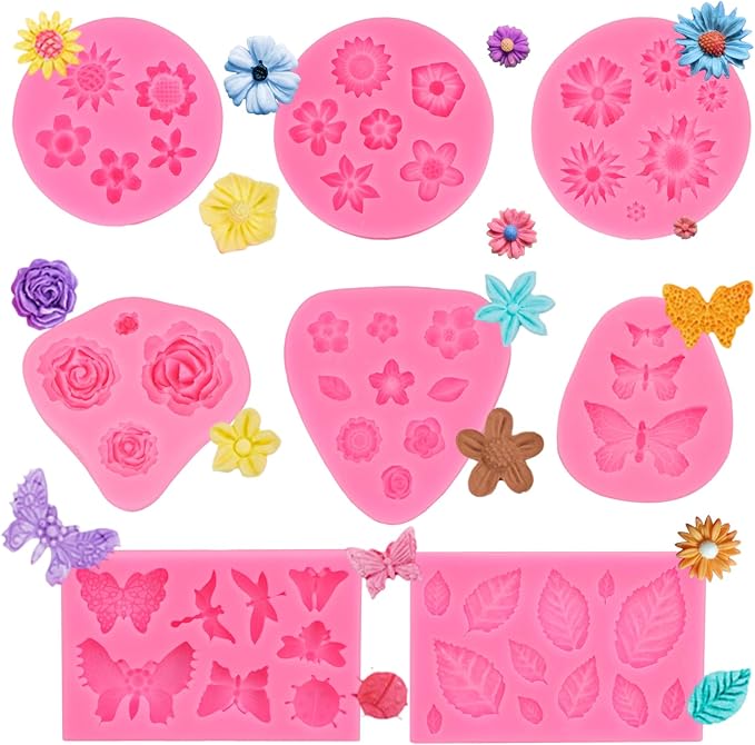 8-Pack Flower Molds Silicone, Fondant Molds, Flower Chocolate Mold, Leaf and Insect Assortment, for Clay Resin, Soap, Ice Cubes, Jelly, Wax, Baking and Cupcake Decoration