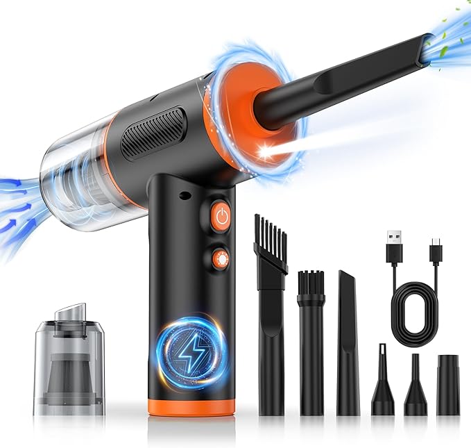 Compressed Air Duster, 100000RPM Handheld Car Vacuum/Air Blower& Pump, 3 Gear Adjustable Electric Air Duster/Car Vacuum Cleaner, Keyboard Duster with LED Light-10 Kits Air Blower for Computer(Orange)