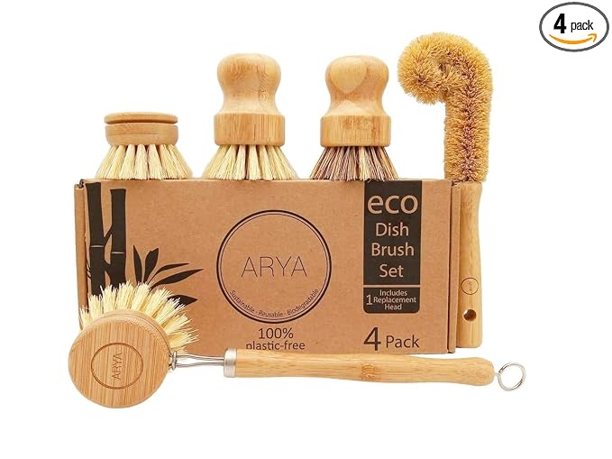 ARYA. Wooden Dish Brush Set | 4 Kitchen Washing Up Brushes & One Replacement Head | Bamboo & Natural Fibers | Eco Friendly Wooden Pot Brush Scourer Scrubber Sponge Alternative
