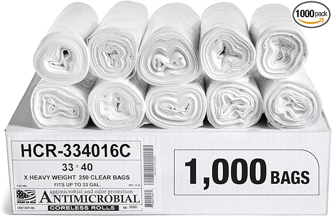 Aluf Plastics High Density Trash Bags, 33 Gallon, 1000 Count, 16 Micron (eq), 33" x 40", Clear, for Bathroom, Office, Industrial, Commercial, Janitorial, Municipal, Recycling
