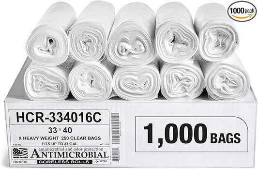 Aluf Plastics High Density Trash Bags, 33 Gallon, 1000 Count, 16 Micron (eq), 33" x 40", Clear, for Bathroom, Office, Industrial, Commercial, Janitorial, Municipal, Recycling