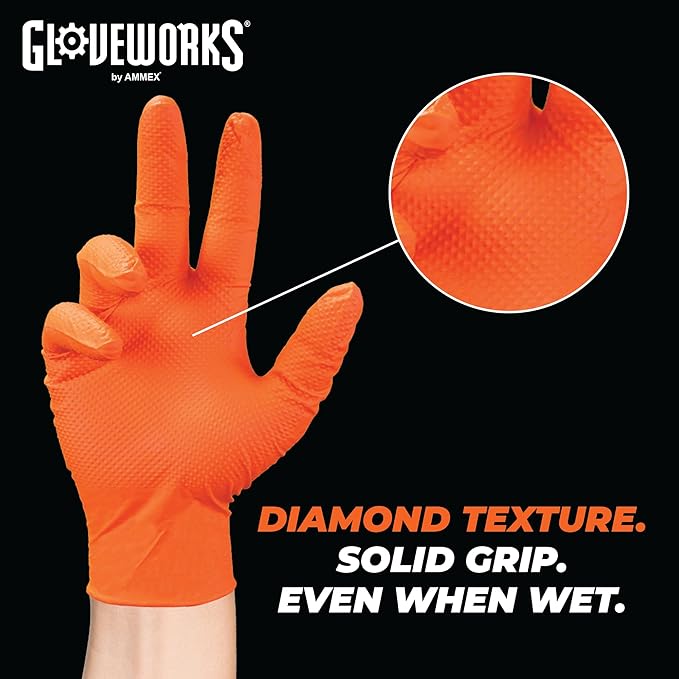 GLOVEWORKS Heavy-Duty Nitrile Gloves, Disposable, Latex Free, 8 Mil, Orange, Diamond Grip Glove