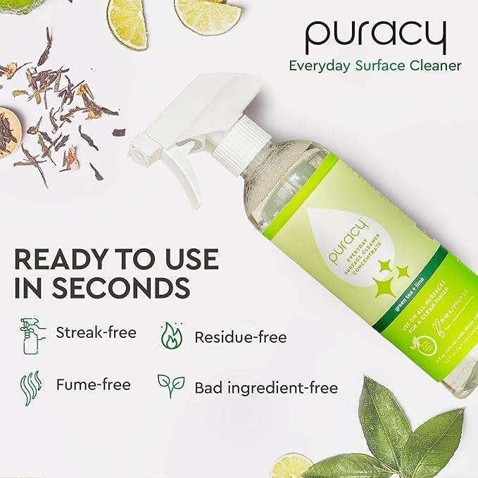 Puracy Multi-Surface Cleaner Spray - Plant-Powered Everyday Surface Cleaner - Natural All Purpose Cleaning Solution As Seen on TikTok (Green Tea and Lime Spray Bottle, 16 fl oz)