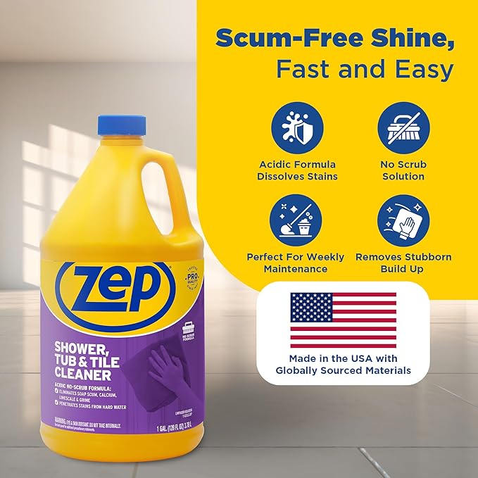 Zep Shower, Tub and Tile Cleaner - 1 Gallon (Case of 4) ZUSTT128 - No Scrub Pro Formula with Acid, Breaks Up Tough Buildup on Contact, Revealing Squeaky Clean Results