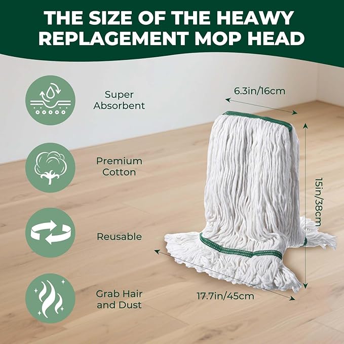 20oz mop Head Replacement, 3 Pack Heavy Duty Industrial Cotton Looped End String Cleaning Mop Head Refills,Used for Home,Garage,Office and Kitchen,White Replacement