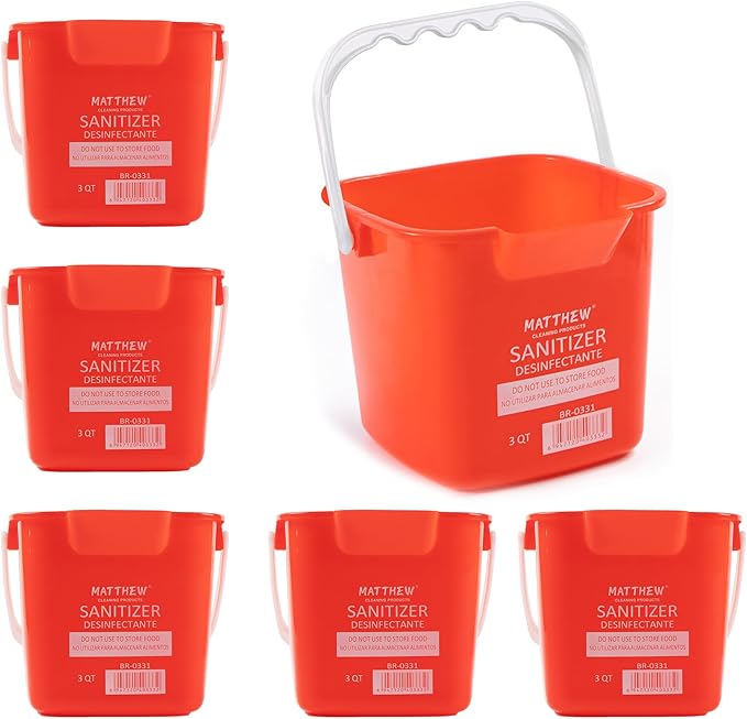 Matthew Detergent And Sanitizing Cleaning Bucket 3 Quart Plastic Pail,Set of 6 Square Containers,Built-In Spout w/Handle,Wash Rinse Sanitize Handwash Bucket for Home Office Commercial Restaurant (Red)