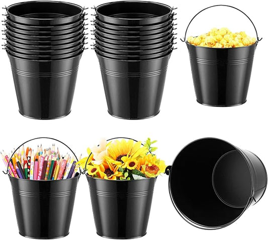 Rtteri 24 Pcs Small Metal Buckets with Handle Mini Buckets Bulk for Easter Party Favors Classroom Pencil Holder Flower Pot Plant Basket for Crafts DIY Projects, 6 x 5 Inch(Black)