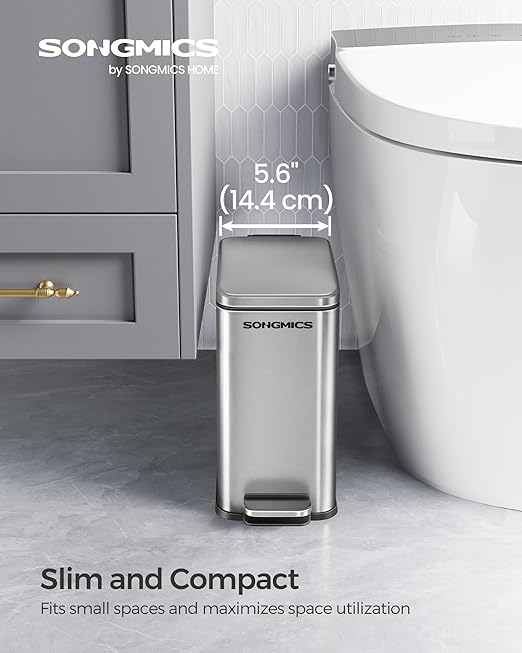 SONGMICS Bathroom Trash Can, 1.3 Gallon (5 L) Small Trash Bin with Lid, Slim for Small Spaces, Stainless Steel Garbage Can, Soft Close, Silver ULTB560E05