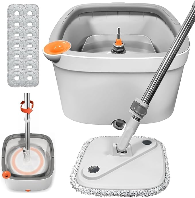 Spin Mop and Bucket Set with Self Separation System 360° Spinning Self-Wringing, Square Clean Mop and Bucket with Wringer-with Replaceable Mop (Light Grey Mop and Bucket Set 14pads)