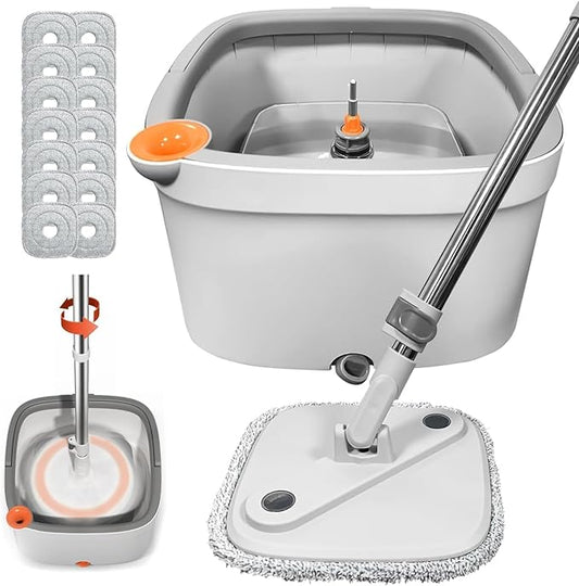 Spin Mop and Bucket Set with Self Separation System 360° Spinning Self-Wringing, Square Clean Mop and Bucket with Wringer-with Replaceable Mop (Light Grey Mop and Bucket Set 14pads)