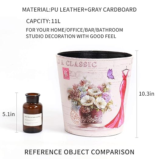 PU Leather Small Trash Can Wastebasket, Round Garbage Container Basket for Bathrooms, Laundry Room, Kitchens, Offices, Kids Rooms, Bedrooms,Dorms,Home Decorative Art Bin, 2.9 Gallon(Red Dress)