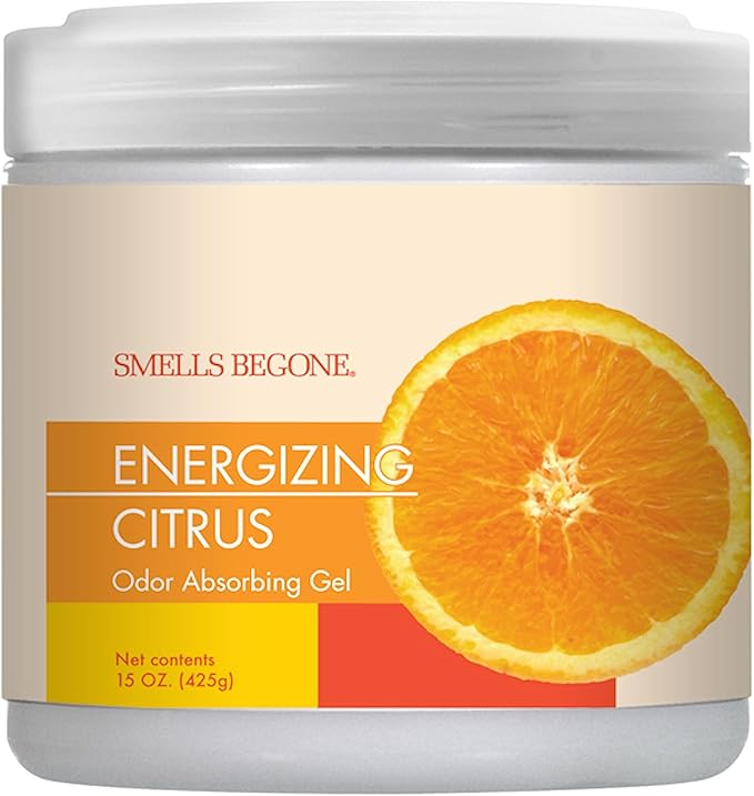 SMELLS BEGONE 15 oz Air Freshener Odor Absorber Gel - Absorbs Odor from Bathrooms, Cars, Pet Areas, Boats & RVs - Made with Essential Oils - Energizing Citrus Scent