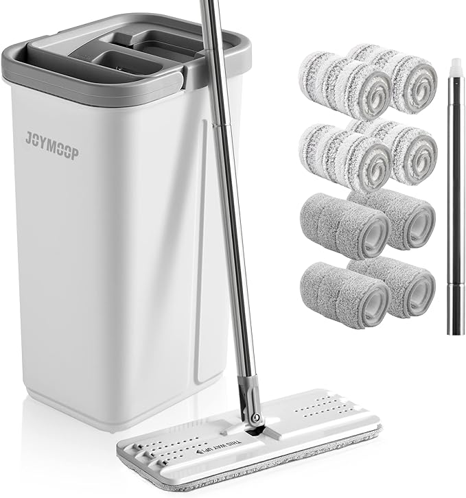 JOYMOOP Mop and Bucket with Wringer Set, Hands Free Flat Floor Mop and Bucket, with 8 Washable Microfiber Pads, Wet and Dry Use, Floor Cleaning System