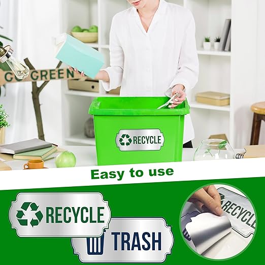 Trash and Recycle Stickers for Bins, 4-Piece Set Waterproof Self Adhesive Recycling Stickers for Trash Cans Waste Signs for Home, Kitchen, Office Indoor & Outdoor Use