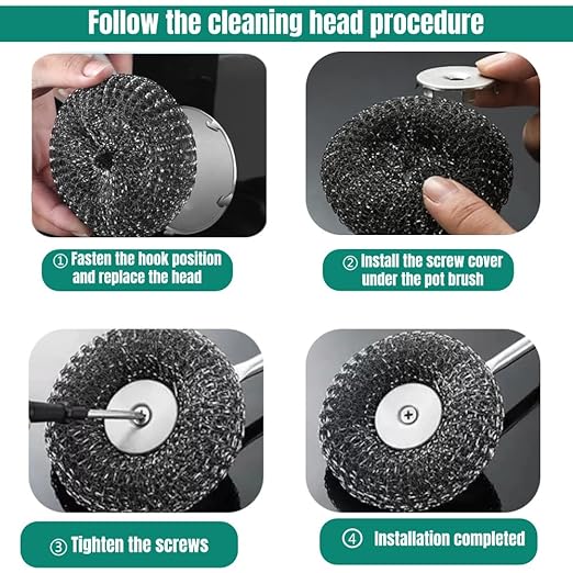 Steel Wool Scrubber with Handle: 7Pcs Stainless Steel Scrubber Brush Set – 1 Long Brushes,1 Short Brushes,4 Replaceable Pads,1 Screwdriver for Home Cooks,BBQ Enthusiasts,Anti-Scratch,for Kitchen