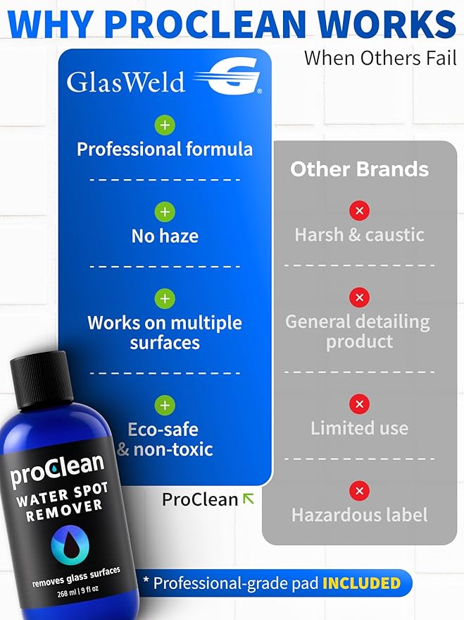 GlasWeld ProClean Heavy Duty Hard Water Stain Remover - For Glass, Metal & More - Includes Applicator Pad - Stubborn Water spot Remover Kit - Automotive Car Care