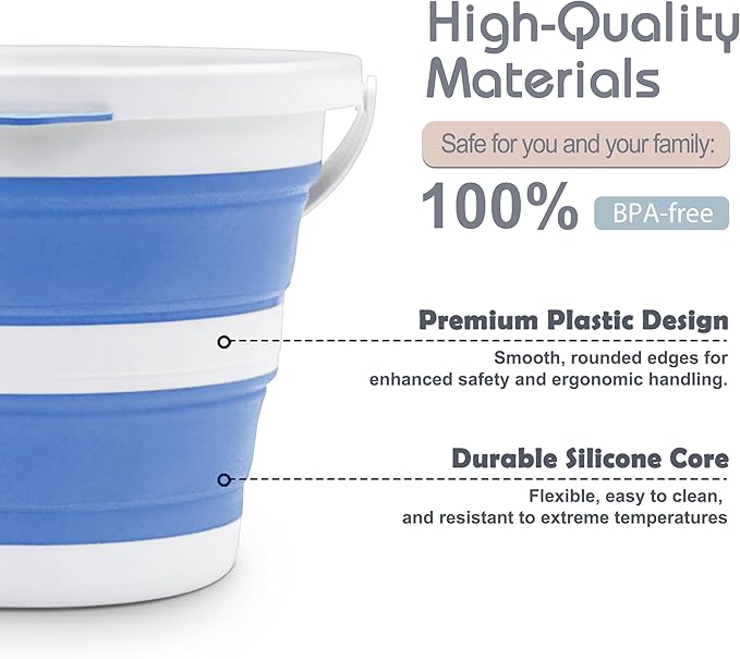 Small Collapsible Bucket 1.3 Gal/5L, Space-Efficient, Portable Foldable Water Pail for Household, Outdoor Use, Car Wash, Camping, Fishing - Blue, Single Pack