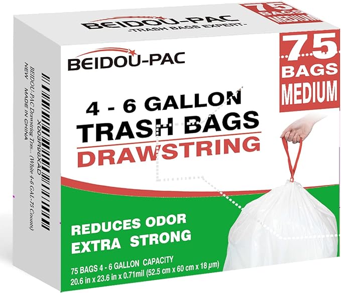 Trash Bags 4-6 Gallon Drawstring, 75 Count Garbage Bags, Medium Kitchen Trash Bags, Odorless & Heavy Duty White Plastic Food Scrap Bags for Bathroom Bedroom Office Waste