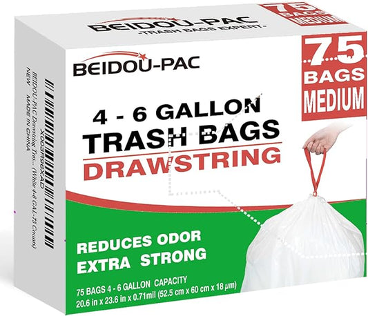 Trash Bags 4-6 Gallon Drawstring, 75 Count Garbage Bags, Medium Kitchen Trash Bags, Odorless & Heavy Duty White Plastic Food Scrap Bags for Bathroom Bedroom Office Waste
