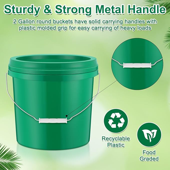 Tioncy 10 Pcs 2 Gallon Plastic Bucket with Lid Heavy Duty 2 Gallon Bucket Pail with Lid Handle for Storage Container Home Household Cleaning (Green)