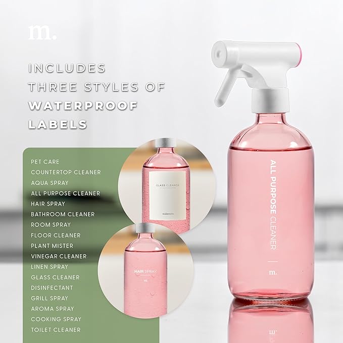 MaisoNovo Spray Bottle for Hair - 16.9 fl oz Pink x 2 with 16 Labels