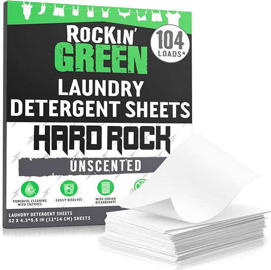 Rockin' Green Hard Rock Travel Laundry Detergent Sheets for Hard Water - Mess-Free Laundry Sheet Detergent with Sodium Bicarbonate - Easily Dissolvable Laundry Soap Sheets (104 Loads, Unscented)