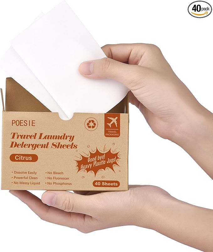 Poesie Citrus Travel Laundry Detergent Sheets 40 Sheet Plastic Free No Waste Laundry Soap Sheet for Travel Dorm Home