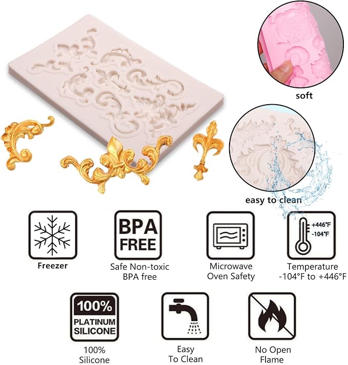 Baroque Feather Chocolate Molds Silicone, Scroll Relief Border Fondant Molds, for Wedding Party Cake Decoration, Cupcake Toppers, Sugar Craft Gum Paste Polymer Clay Pie Candy