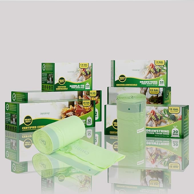 13 Gallon Compostable Trash Bags with Drawstring, Heavy Duty Extra Thick 1 Mil, 49.21 Liter, 30 Bags, Tall Kitchen Food Scrap Waste Bag, ASTM D6400, US BPI and OK Compost Home Certified
