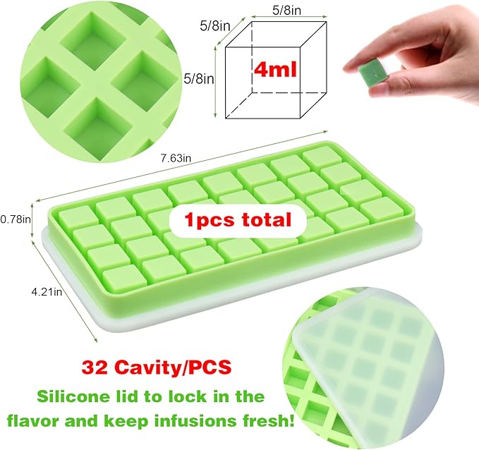 AIERSA Silicone Molds for Herb-Infused Oil Cubes, 1Pcs 32 Cavity Mini Candy Gummy Tray, 5/8x5/8x5/8in Square Chocolate Molds with Lids & 1 Droppers DIY Homemade Herbal Blocks, Jello, Pralines Caramels