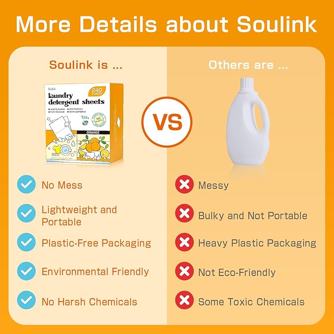 Soulink Laundry Detergent Sheets, 240 Loads - Eco-Friendly, Plant-Based, Hypoallergenic, No Plastic Jug (Orange Scent)
