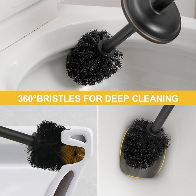 BESy Toilet Brush and Holder, Toilet Cleaner Bowl Set with Two Brush with Extra Long Handle, Durable Bristles Toilet Scrubber and Covered Holder, Drip-Proof Stainless Steel Oil Rubbed Bronze