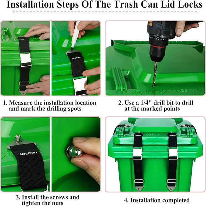 Trash Can Lid Lock,Durable Metal Garbage Bin Locks For Animals, Adjustable-Length Trash Can Locks for Raccoons, Can Be Opened with One Hand, Suitable For Multiple Sizes Outdoor Trash Cans (4 Pack)