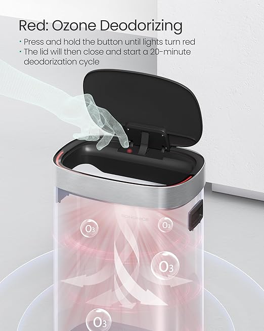 SONGMICS Kitchen Trash Can, 17.2-Gallon (65 L) Motion Sensor Garbage Can, Stainless Steel Trash Bin, Ozone Odor Control, Stay-Open, Metallic Silver ULTB660E01