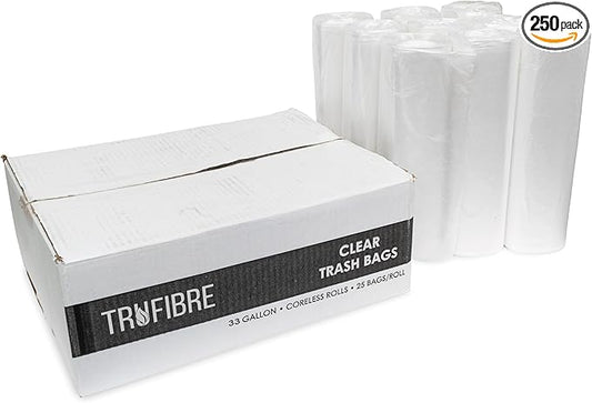 Large Clear Trash Bags, 33 Gallon, Plastic Liners Waste Disposal, Home, Office, Commercial Recycling, Garbage Management, 32x38, 250 Count
