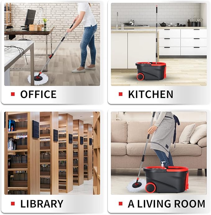 Spin Mop and Bucket with Wringer Set on Wheels, 360° Spinning Mop Bucket System with 3 Microfiber Mop Replacement Heads and 61" Stainless Steel Adjustable Handle for Floor Cleaning (25QT)