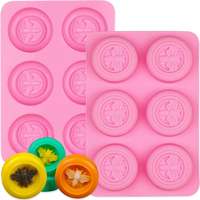 Sakolla 2 Pack Silicone Soap Molds, 6 Cavity Round Honeybee Silicone Molds for Homemade Soaps, Lotion Bar, Jello, Bath Bomb, Beeswax, Resin, Chocolate and Dessert (Pink)