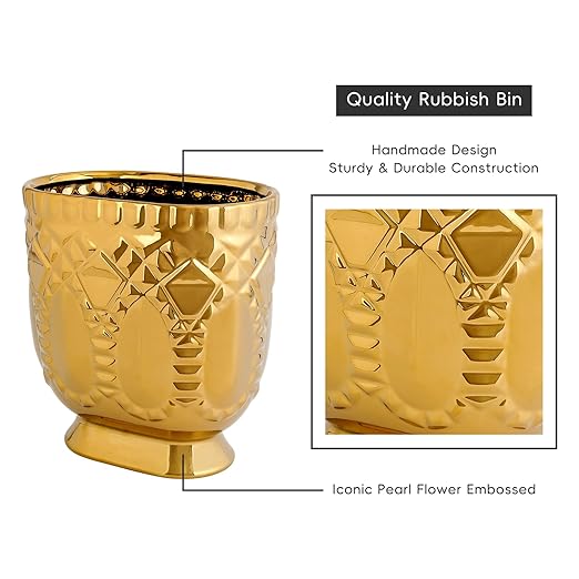 Modern Golden Trash Can, Ceramic Waste Container Garbage Receptacle Bin for Bathrooms, Powder Rooms, Kitchens - Stylish Wastebasket Garbage Can for Home & Office