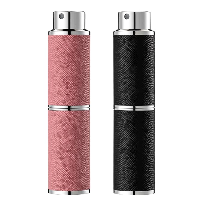 2PCS Perfume Atomizer, 8ML Leather Empty Cologne Sprayer, Mini Perfume Spray Bottle for Travel (Black, Pink)